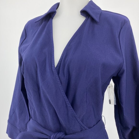 Modcloth Dress Faux Wrap Navy Blue Collared - Picture 2 of 8